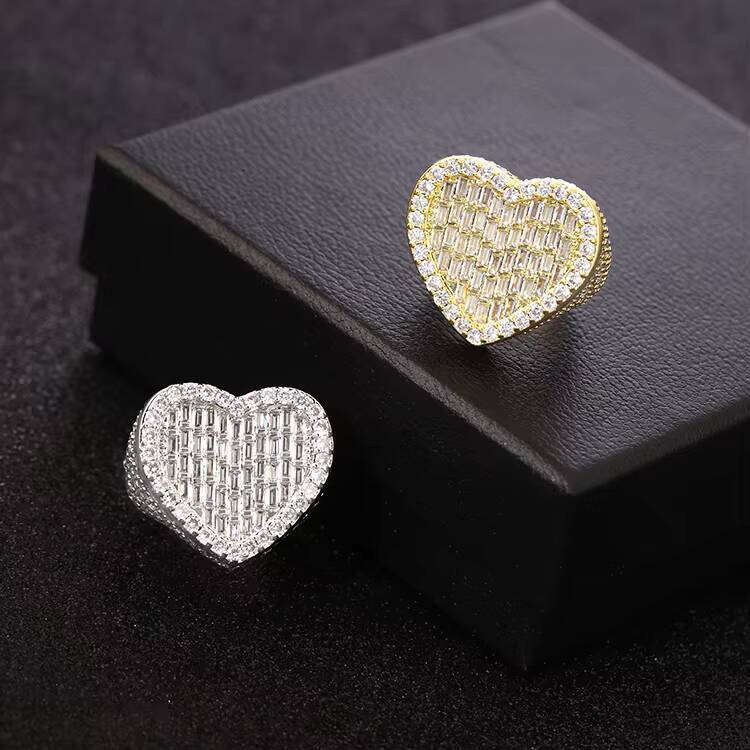 Yu Ying Solid 925 Silver Heart Ring D White Baguette Moissanite Diamond Ring Hip Hop Men Women Cuban Ring