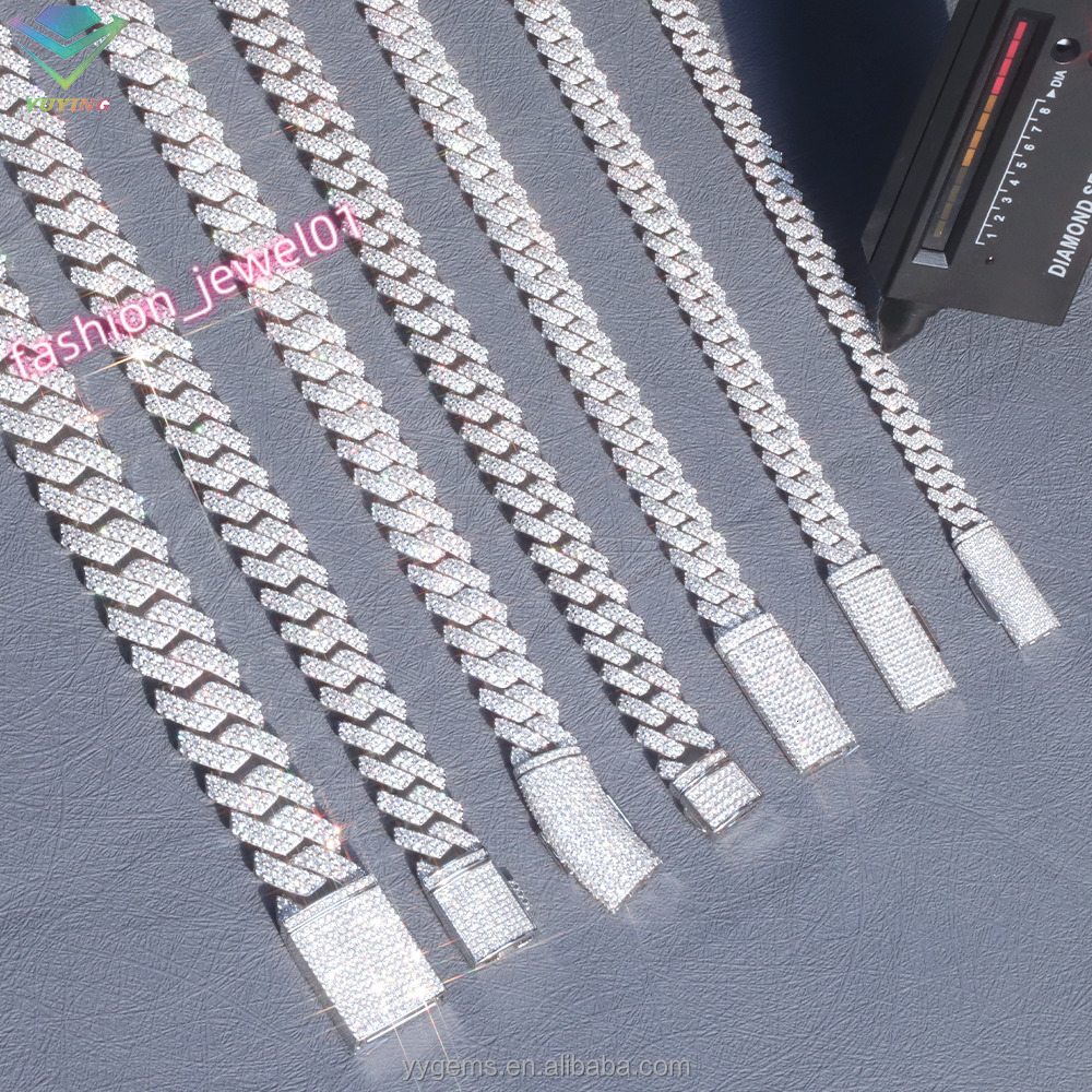 Hip Hop Jewelry 2rows 8mm 10mm 12mm 14mm VVS Moissanite Diamond Cuban Link Chain 925 Silver Moissanite Necklace GRA Certificate