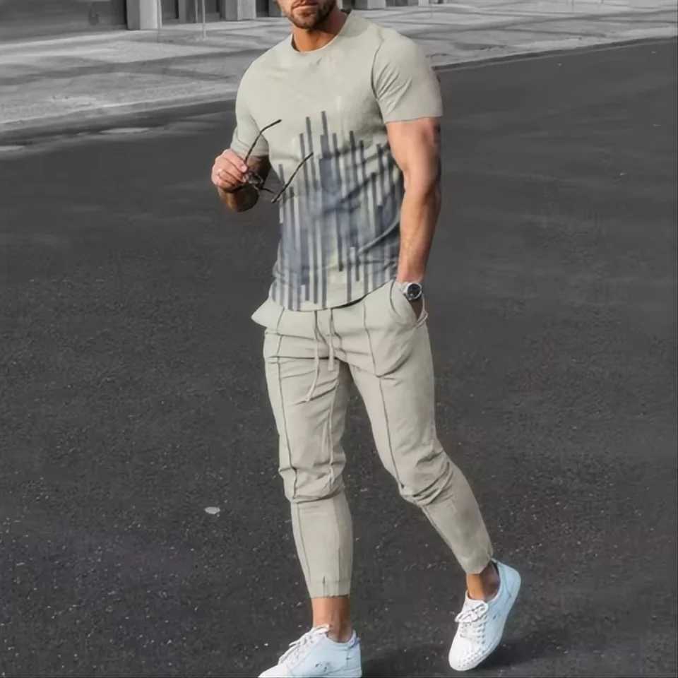 2024 Summer New Mens Sweatshirt 3D Printed Short SLeeve T-shirt Long Pants Street Wear 2-piece SetXJ250412