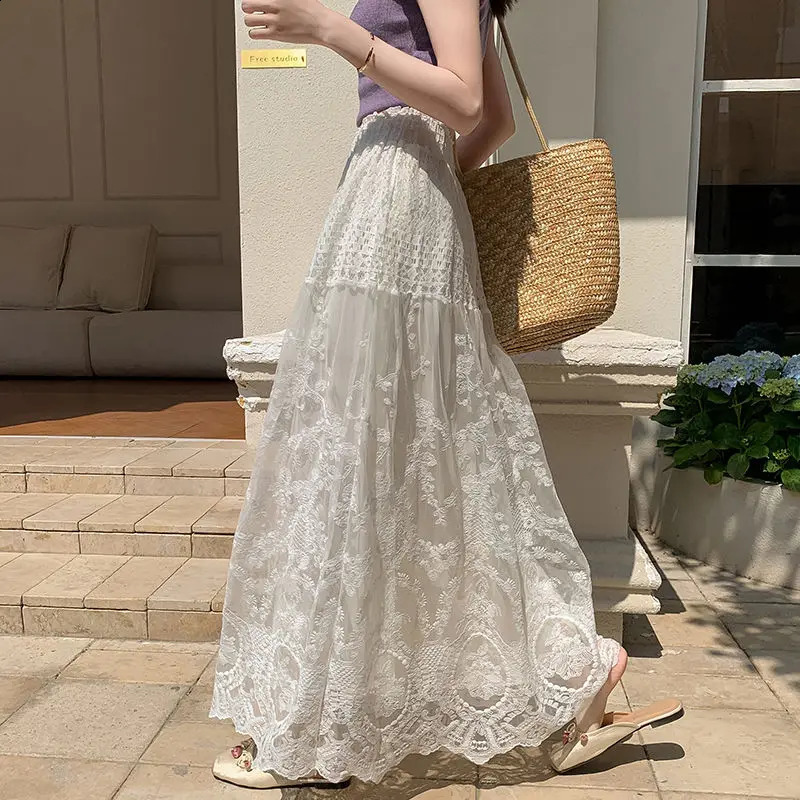 Chinese Style Chinese Style Lace Skirt Womens High-waisted Temperament Solid Color Skirt Long Skirt 250411