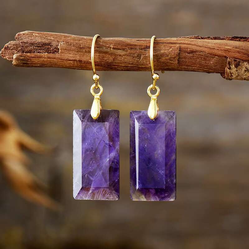Natural Crystal Square Gemstone Dangle Gold Plated Needle Imperial Jasper Stone Drop Earrings