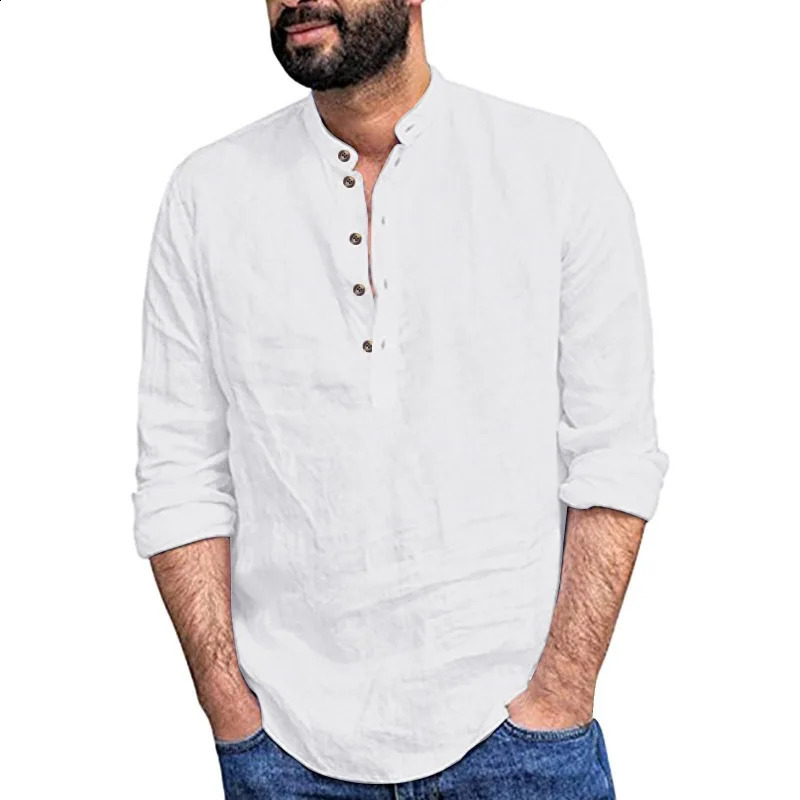 Mens Shirt Loose and Versatile Solid Color Stand Up Collar Cotton Linen Long Sleeved Stock Black 250411