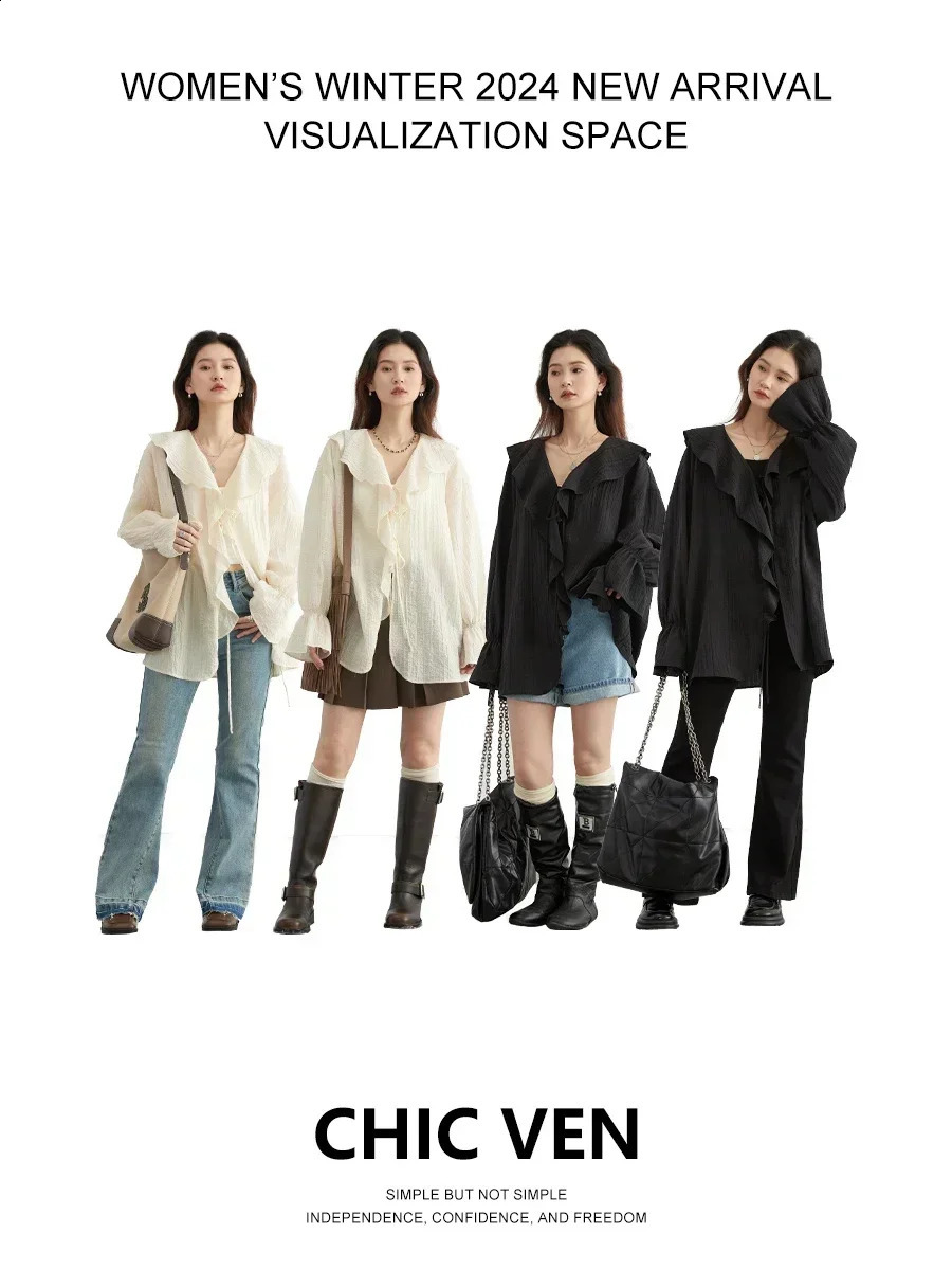 CHIC VEN Women Shirt Loose Casual Ruffled Edges Female Blouses V Neck Lace Up Mid Length Woman Shirts Spring Summer 250411