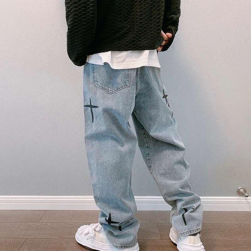 Prints Men New Streetwear Baggy Wide Leg Jeans Korean Fashion Drapes Straight Casual Loose Denim Cargo Pants