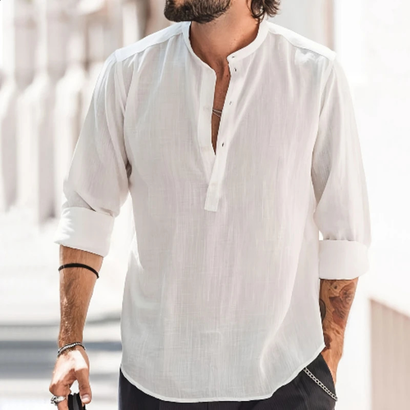 European American Foreign Trade Mens Casual Stand-up Collar Solid Color Long-sleeved Shirt Slub Cotton and Linen Shirt 250411