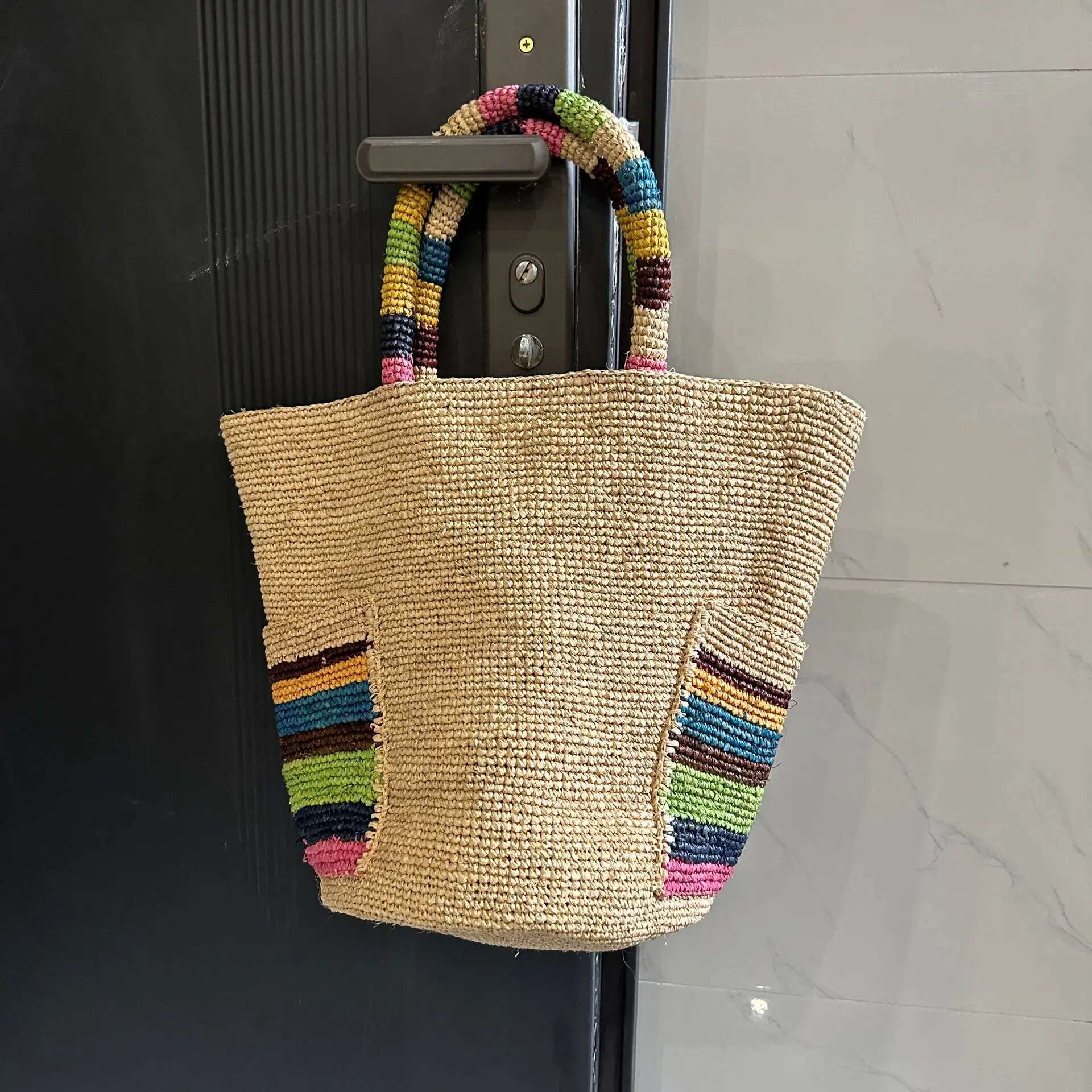 Summer Color Strip Straw Handmade Woven Rattan For Women Handbag NEW Raffia Beach Shoulder Bag Shopper Bucket Bags Tote