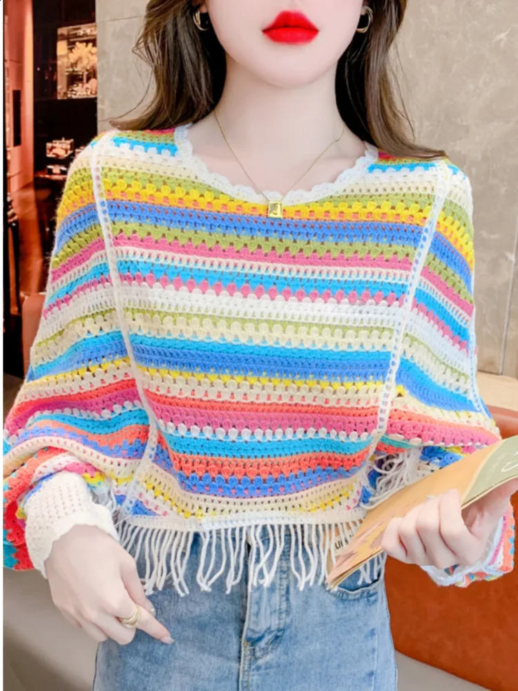 #3266 Summer Knitted Pullover Sweater Women Thin Batwing Sleeve Loose Sexy Striped Short Knitwear Pullover Tassels Hollow Out 250411