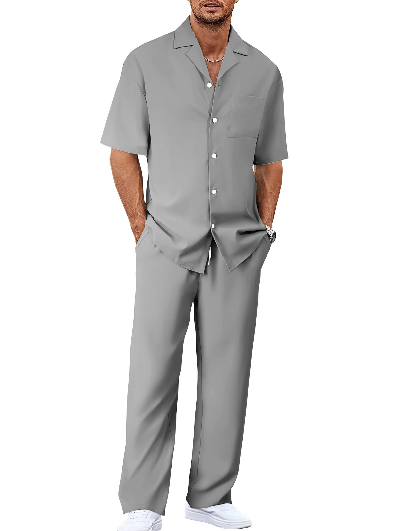 Mens suit collar short sleeved shirtloose straight leg pants set 250411