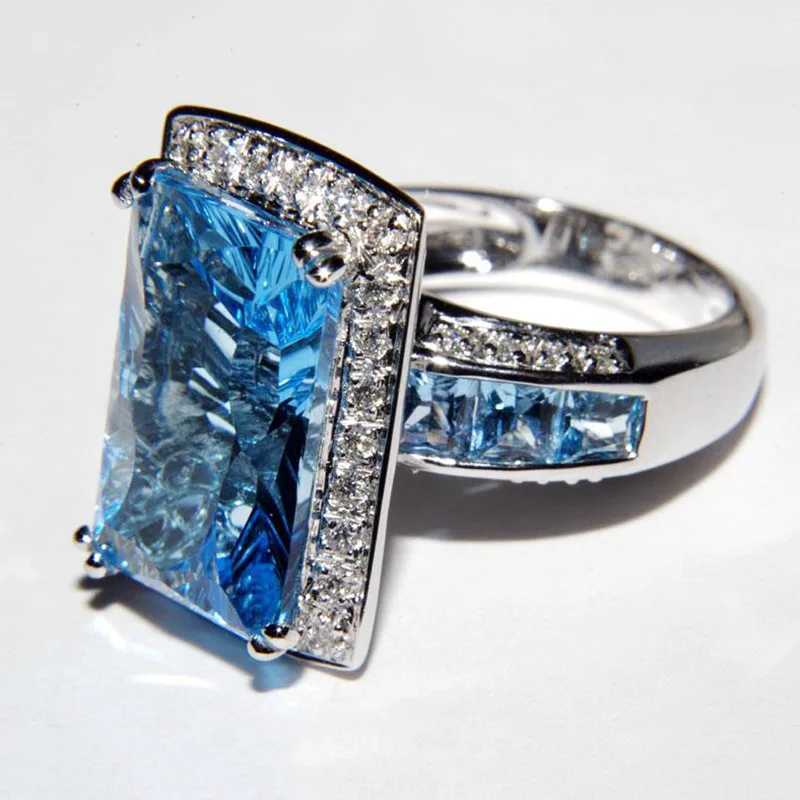 Sparkling ocean blue imitation crystal gemstone full diamond ring for high-end banquet ladies 925 sterling silver fashion jewelryXJ250412