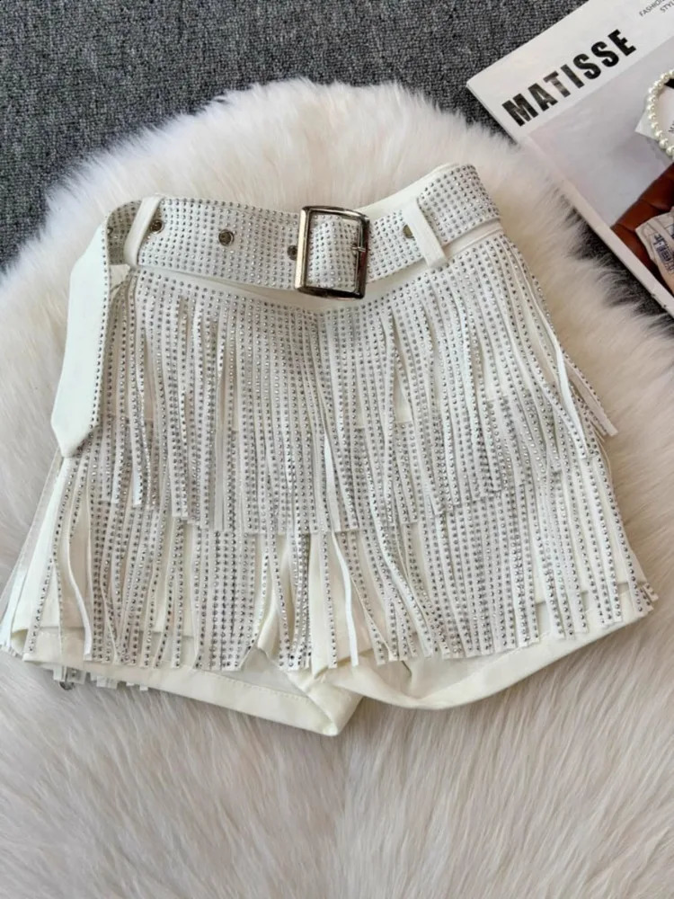 Fashion Y2k Tassel Shorts Black Diamond Korean Sexy High Waist Trendy Party Night Shop Costume Dance Pants Women 250411