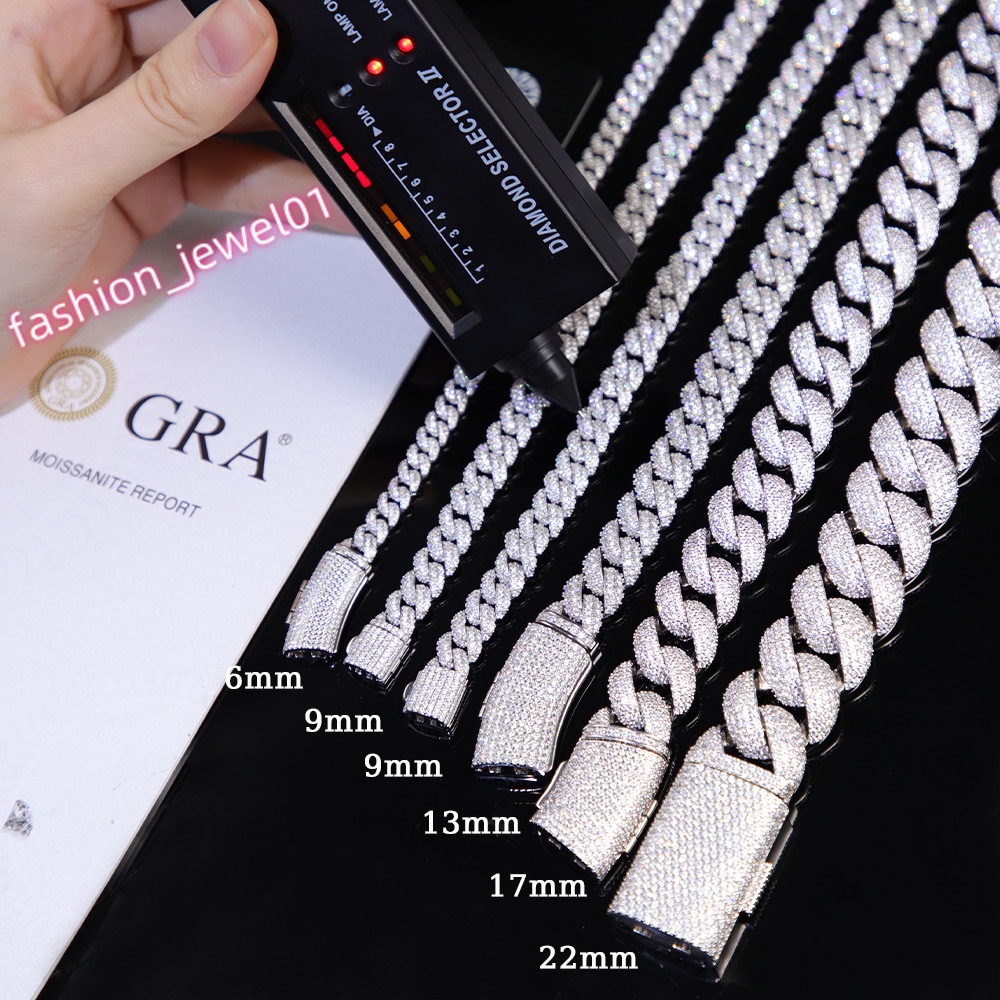 Hip Hop Full Ice Out Mossanite Cuban Chain 6mm-22mm 2rows S925 Silver Men Necklace High Quality VVS Moissanite Cuban Link Chain