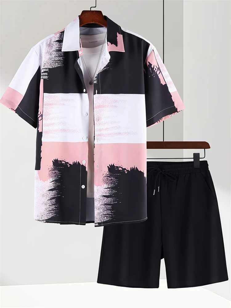 Color printed summer mens casual shirt and shorts set city street fashion short sleeved outdoor beach mens shortsXJ250412