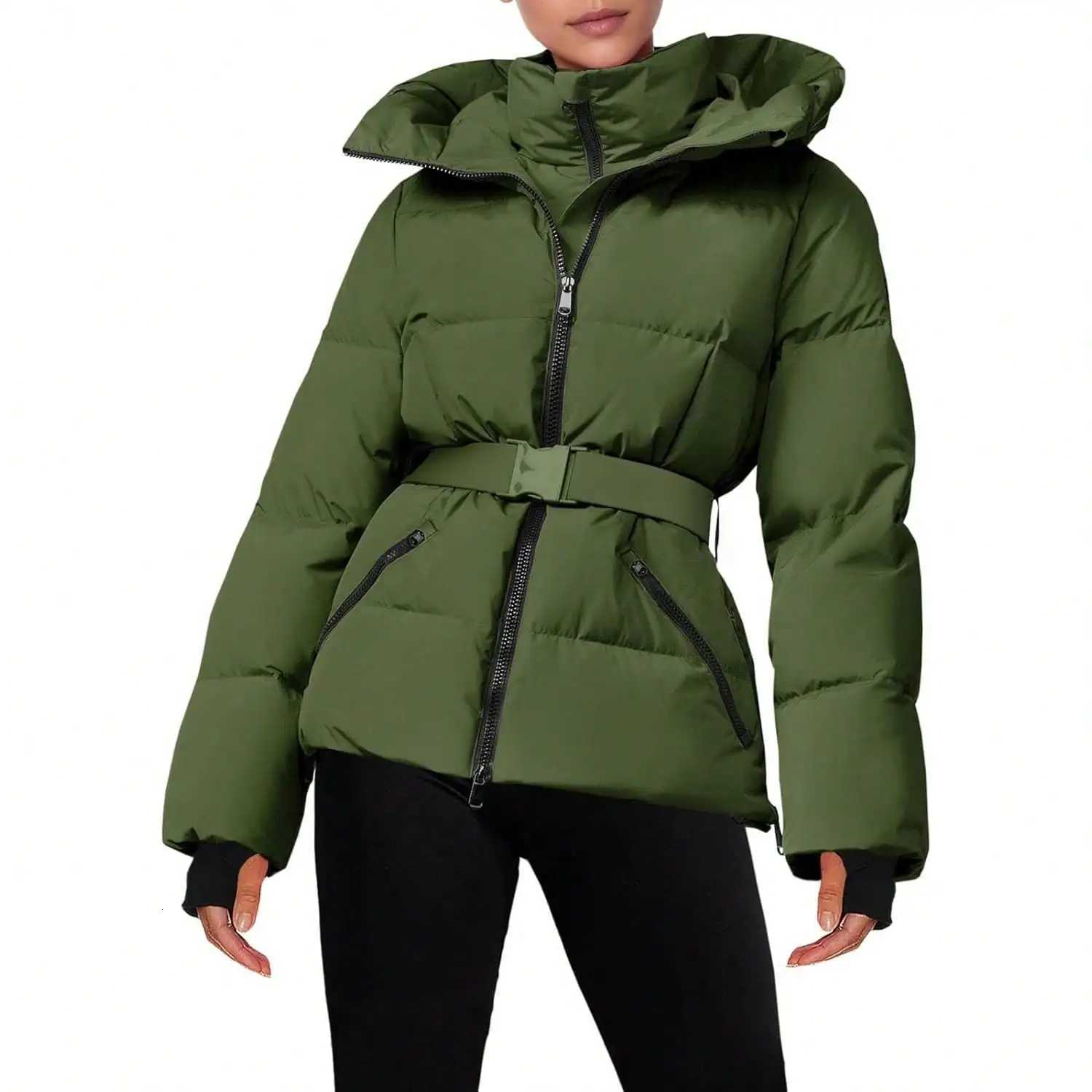Fisoew womens Belted Puffer Jacket Womens Waterproof Ski Coat With Hood Quilted Winter Snowsuit Aesthetic Z251106