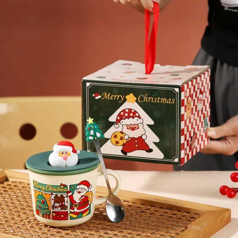 Christmas Festive Christmas Themed Ceramic Coffee Mug with Lid Spoon Holiday Gift Box Cartoon Design New Year Souvenir Y251112