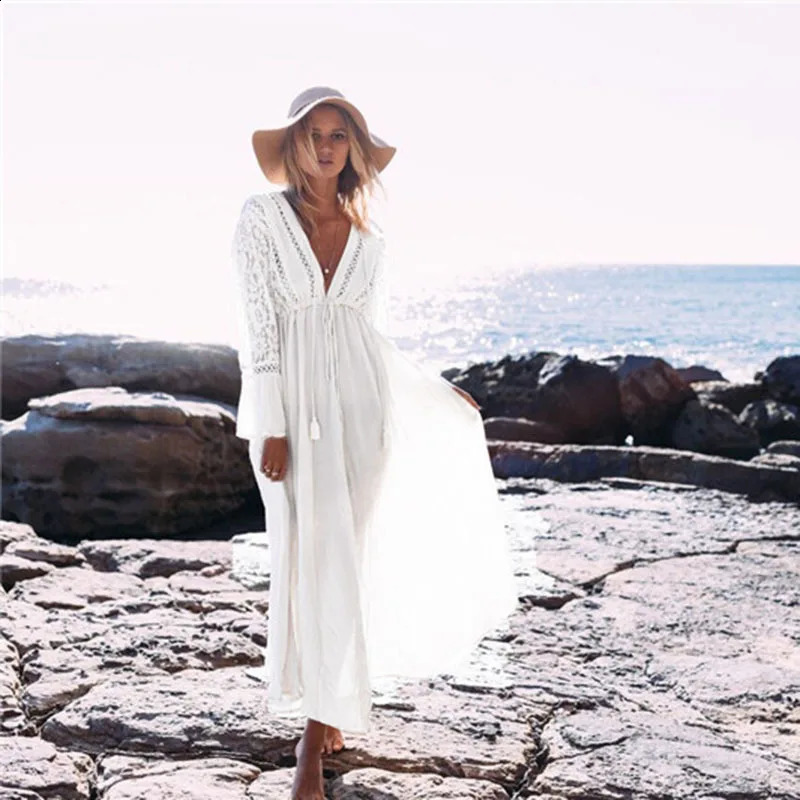 Sexy Hollow V Neck Women Summer Casual Kaftan Dresses Swimsuit Cover Up for Swimwear 250411