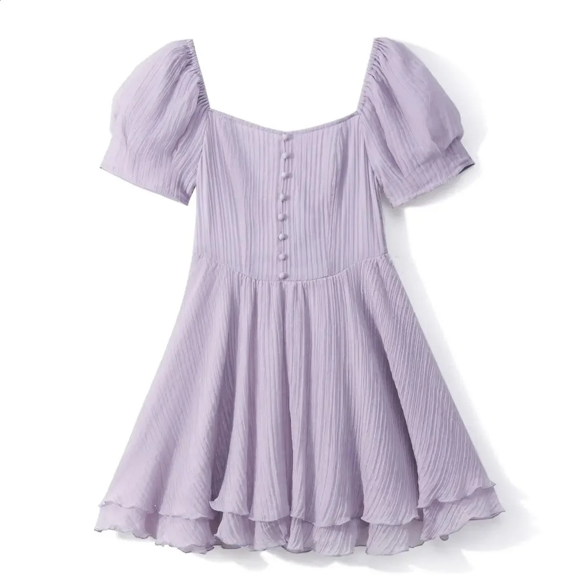 Solid color retro square neck puff sleeve mini dress for women sweet and simple pleated tight corset Aline fitting summer midi 250411