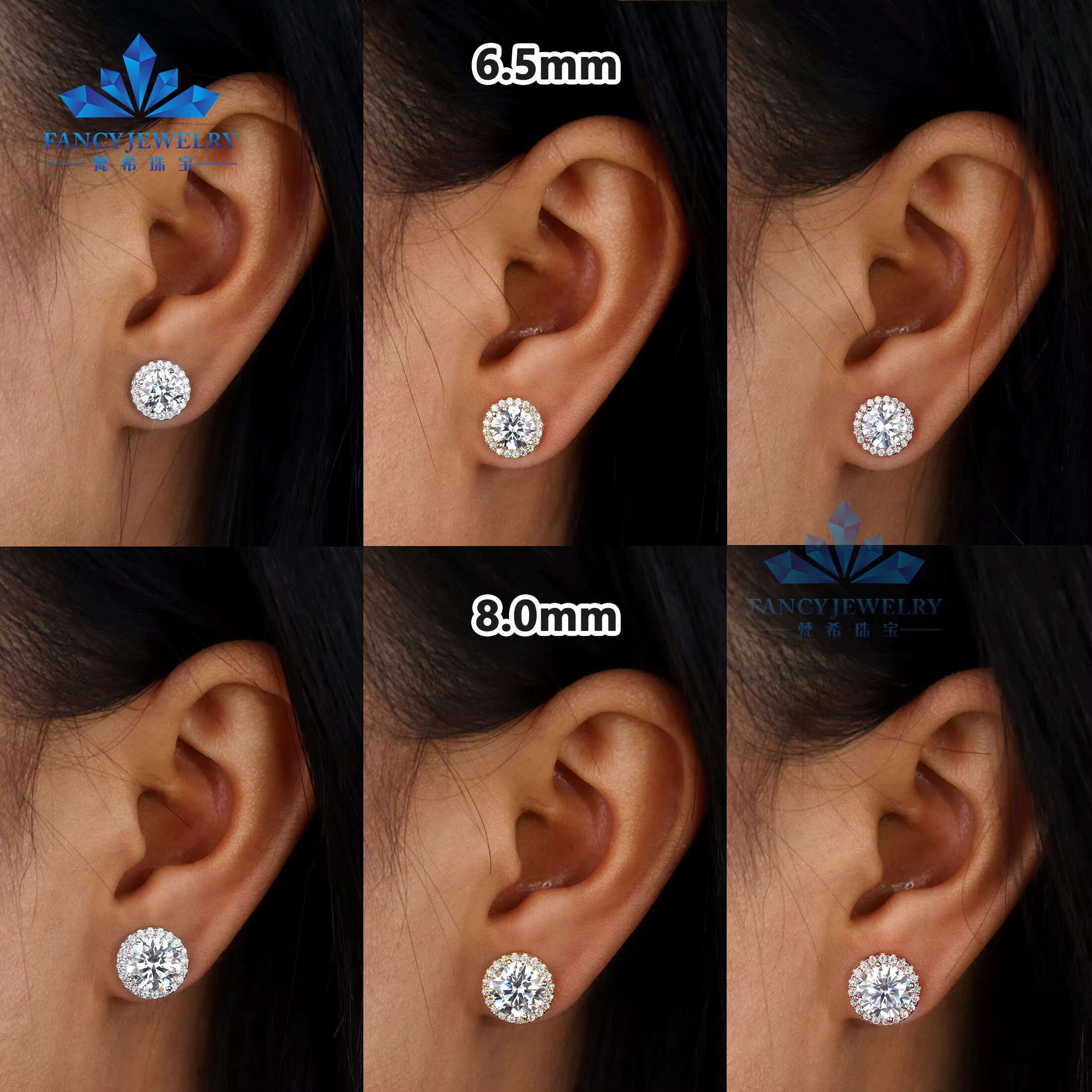 Big Mossanite Stud 1ct-2ct 6.5mm 8mm 18K Gold Plated 925 Sterling Silver Lab Moissanite Diamond Halo Earring for Women Men