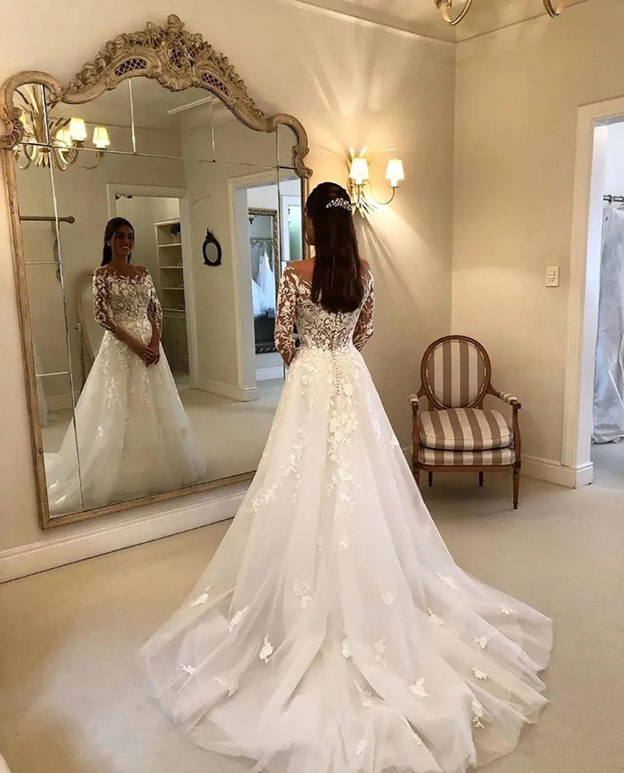 Wedding Dresses Bridal Gowns Formal A Line O-Neck Long Sleeve Applique Beaded Tulle White Ivory Custom Zipper Lace Up Plus Size