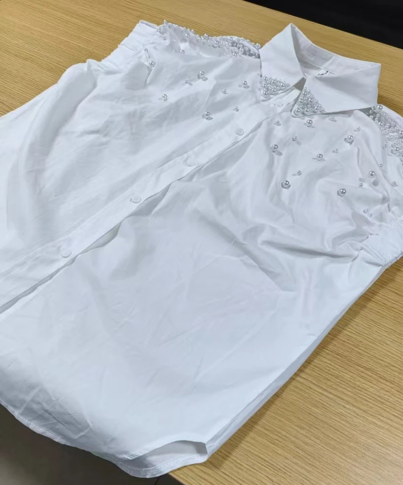 Pearls Embroidered Flares Cotton Loose Casual White Shirts Blouses For Women 2025 Summer Short Sleeve Single Breasted Top 250411