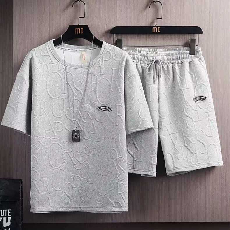 Mens set 2024 new waffle biscuit summer casual T-shirt+shorts set basketball track suit letter printed solid color loose setXJ250412