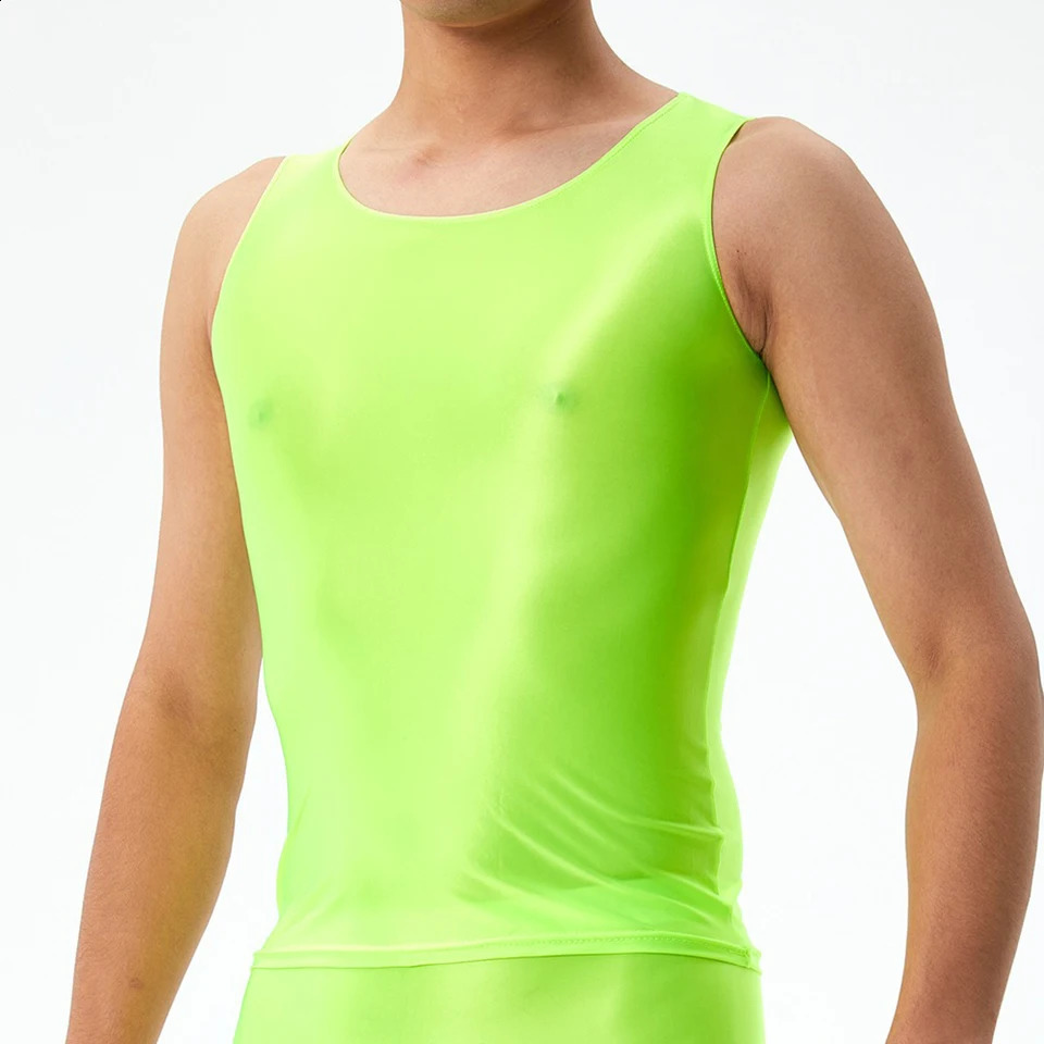 Mens seamless elastic top shiny sleeveless smooth solid vest mens Oneck suitable for running underwear 250407