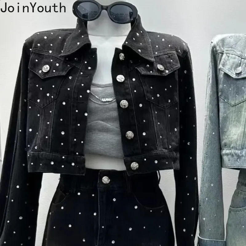 Korean Two Piece Sets Womens Outfits Temperament Crop Coat High Waist Bodycon Mini Skirt Suit Roupas Femme Diamond Denim Set 250411