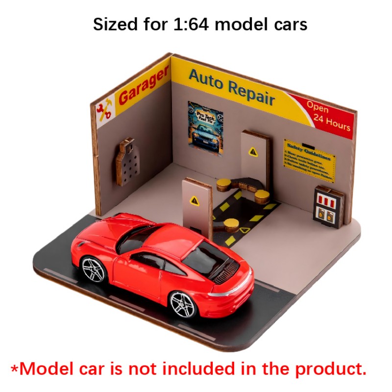 1:64 Auto Repair Shop DIY Assembled Scene, Exquisite Wooden Model for Car Enthusiasts, Customizable Display for 1:64 Scale Model Cars-S1001