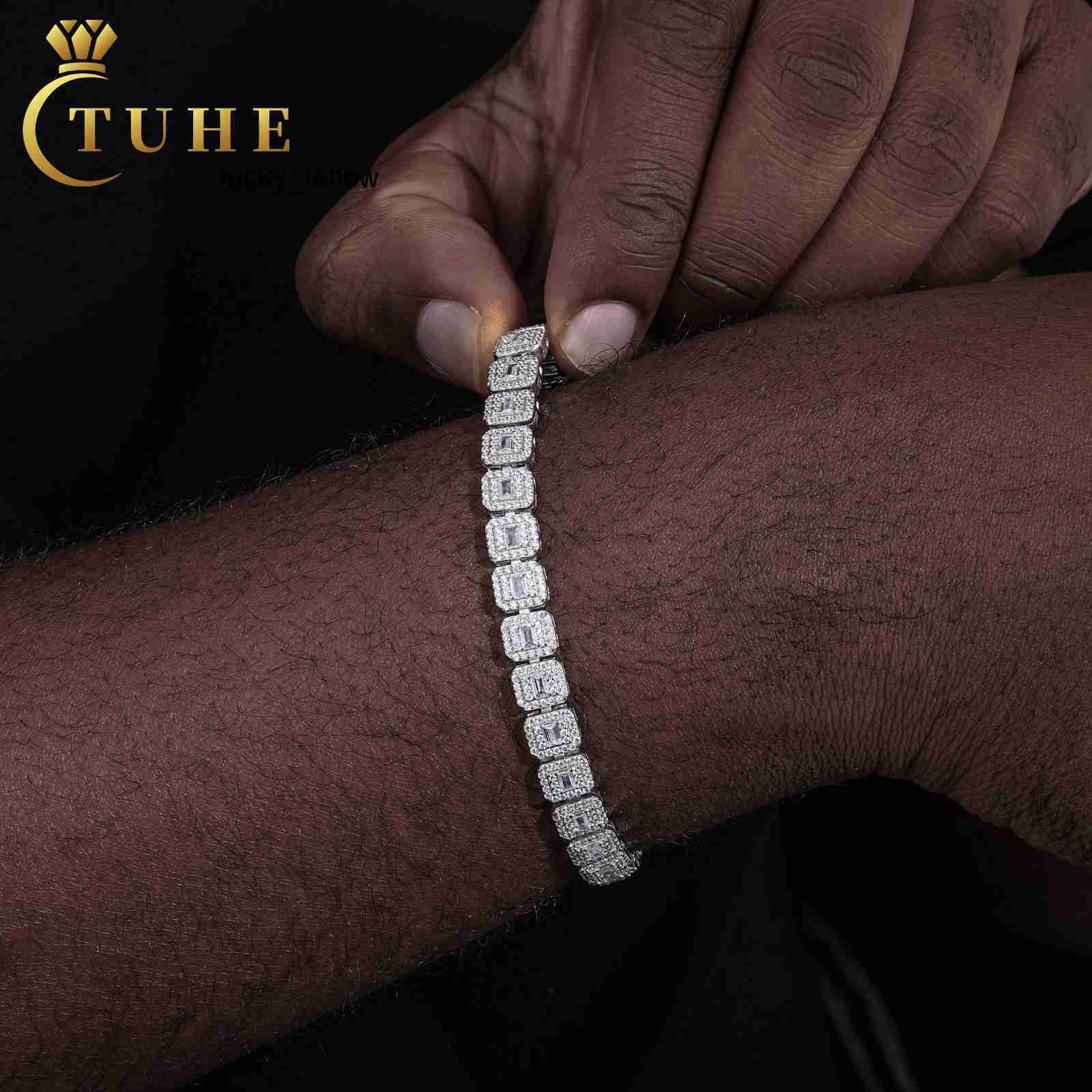 New Arrival Stylish Jewelry 7.5mm 925 Sterling Silver VVS Baguette Moissanite Diamond Geometric Iced Out Tennis Chain Bracelet