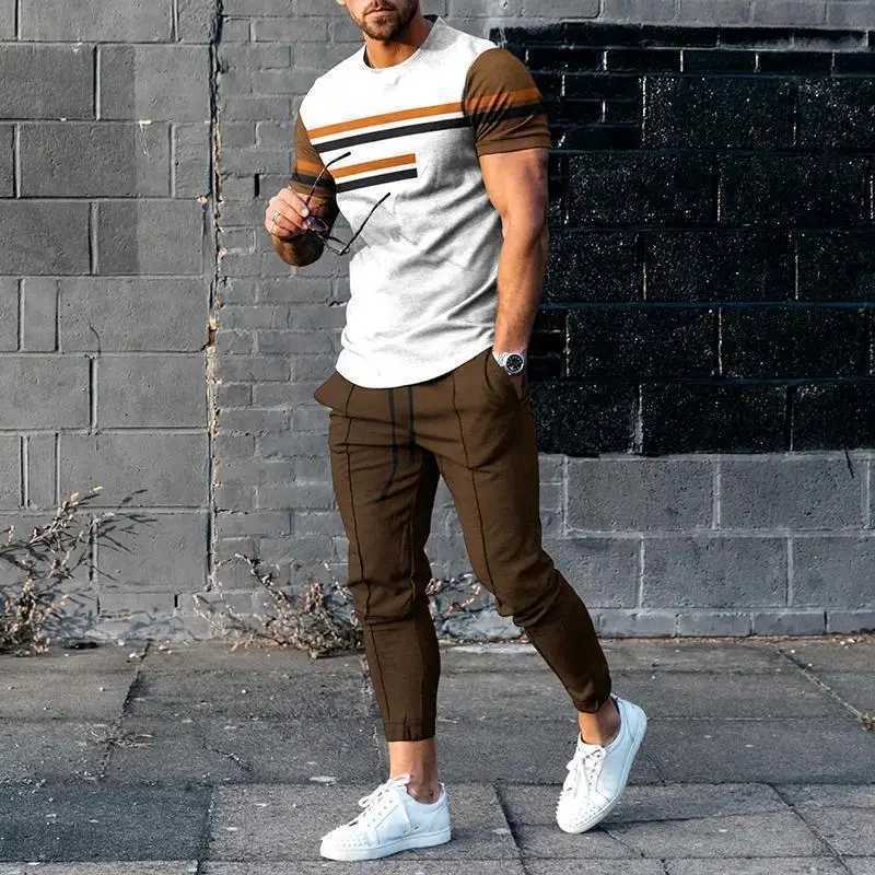 Fashion casual striped 3D printed mens sportswear set short sleeved T-shirt pants 2-piece set oversized floral mens clothingXJ250412