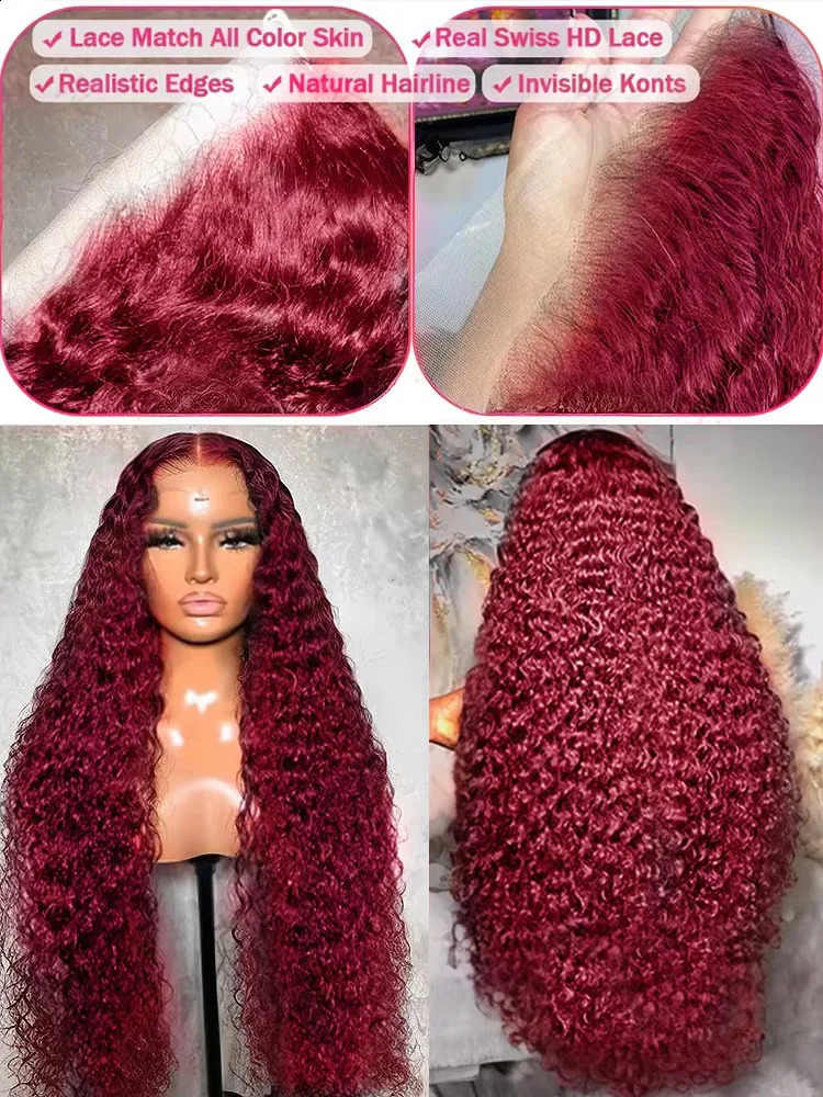 250 Density 13x4 Curly 99J Burgundy Lace Front Wig Red Wine Colored 30 40 Inch Deep Wave 13x6 HD Lace Frontal Human Hair Wigs 250409