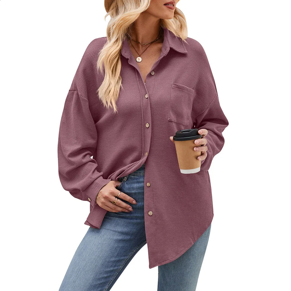 Spring Autumn Women Blouses Casual Loose Pocket Waffle Long Sleeve Shirt Female Casual Loose Overshirt Oversized Tops 250411