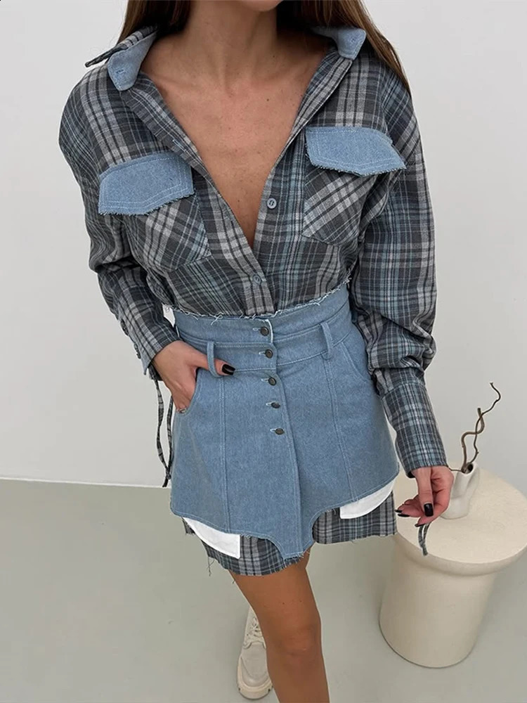 Lapel Color Blocked Shirt Waist Cinching Irregular Hem Short Skirt Set Woman Loose Long Plaid Shirt Patchwork Women Denim Suits 250411