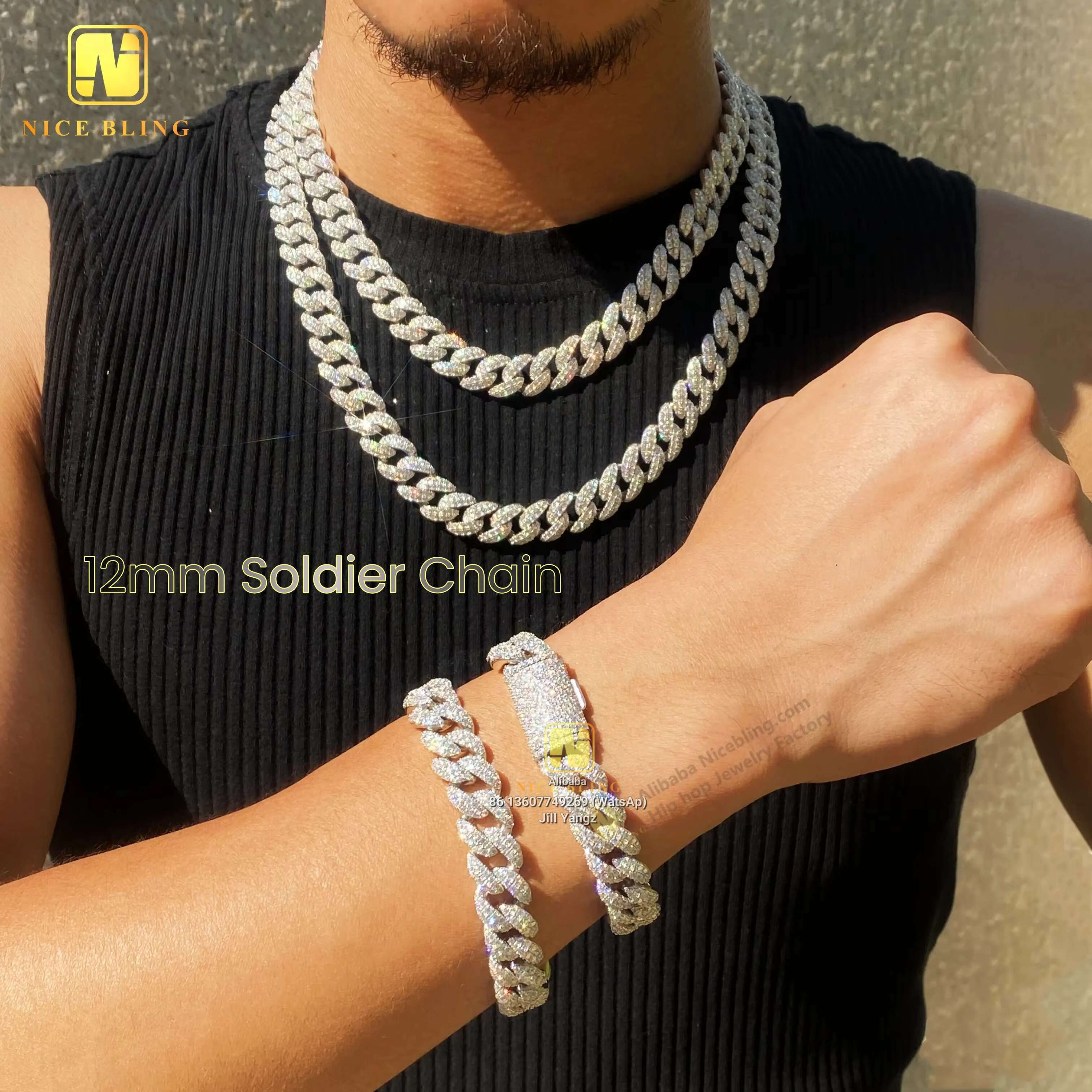 Ready made 12mm Monaco Soldier Moissanite Bracelet Necklace Hip Hop Jewelry Cuban Chain