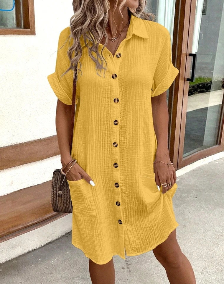 Retro womens solid mini dress summer fashion Vneck onethird sleeve pure cotton linen casual holiday vest 250411
