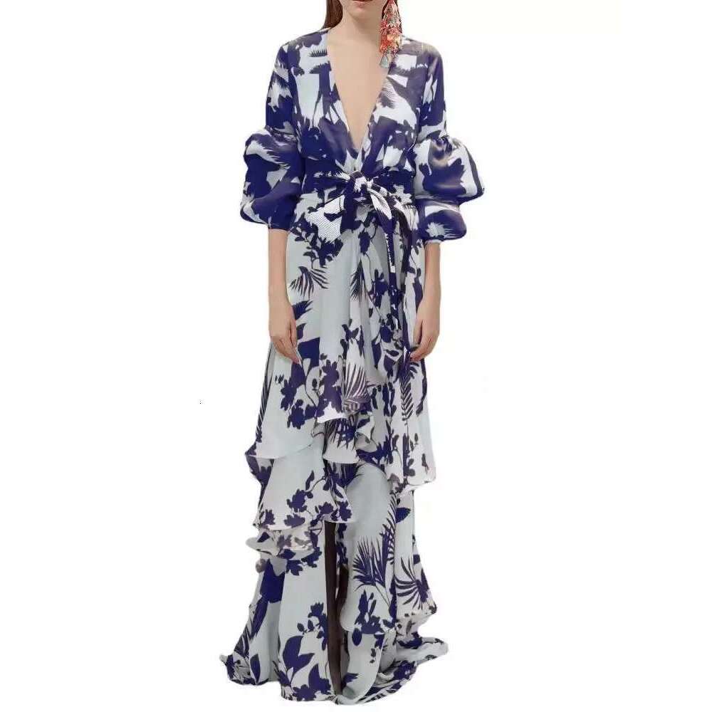 Women's Print Ruffle Party Dresses Elegant Deep V-Neck Lantern Sleeve Long Dress Fashion Tie-Up Waist Irregular Bohemian Vestido