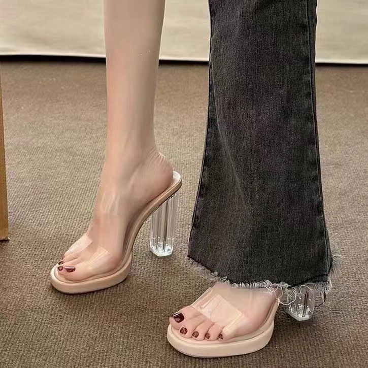 High Women 2025 Summer New Waterproof Platform with One Word Strap Not Tiring Feet Thick Heel Crystal Slippers Sandals for Women's Shoes