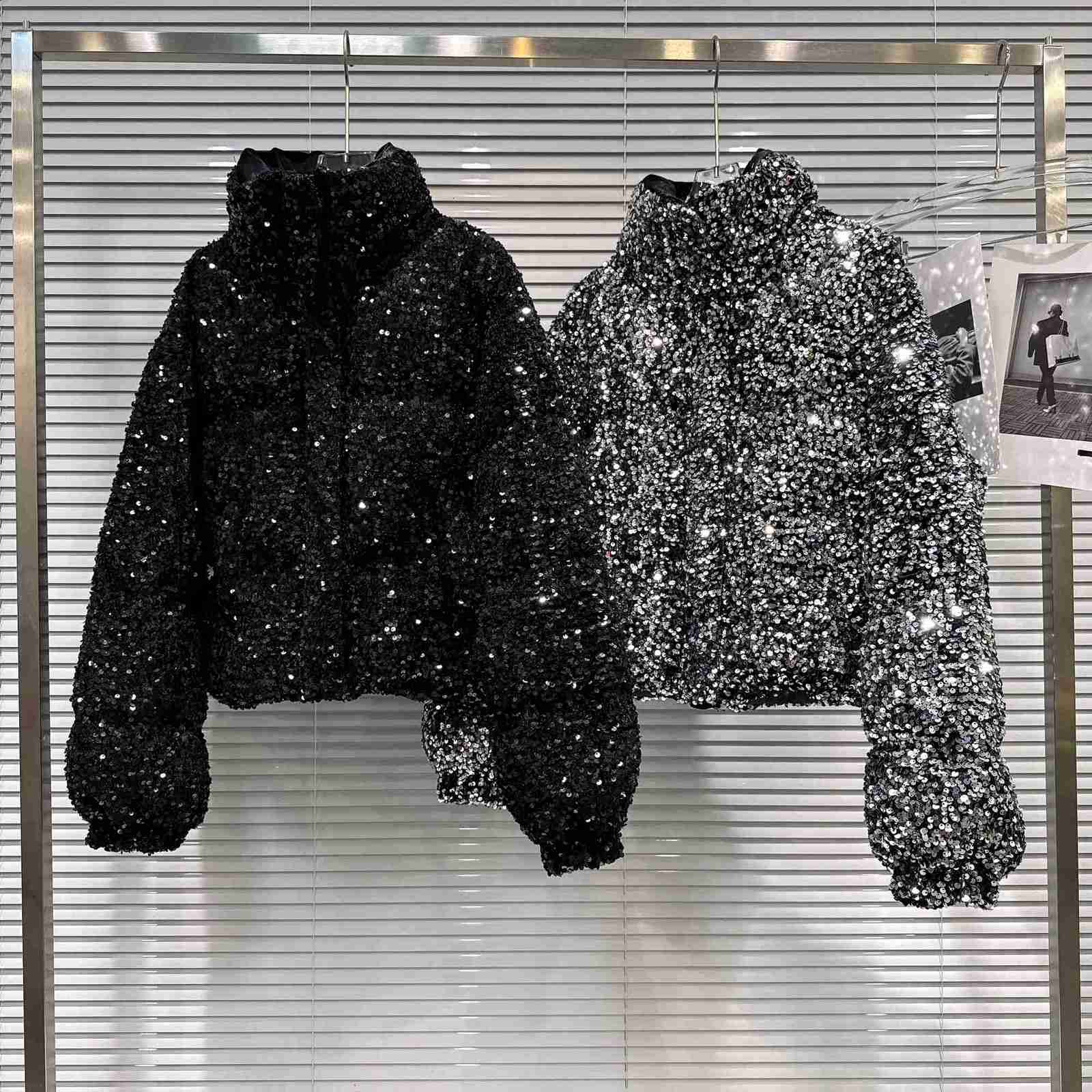 French Fashion Elegant Heavy Industry Colorful Sequin Stand Collar Thickened Warm Down Coats Women Winter Puffer Short Jackets Z251106