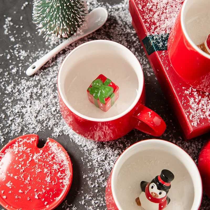 Christmas Christmas gift ceramic water cup Santa Claus snowman red festive mug with lid spoon Christmas tree reindeer cup Y251112