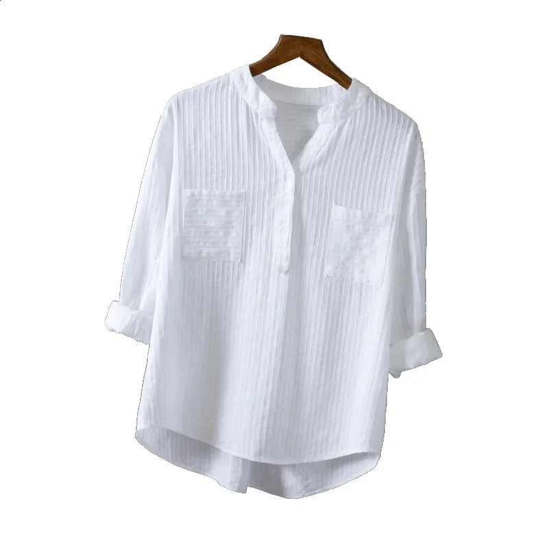 High-End Pure Cotton White Long Sleeve Womens Shirt Loose Casual V-Neck n Outerwear Top Quality Comfortable Fashion 250411