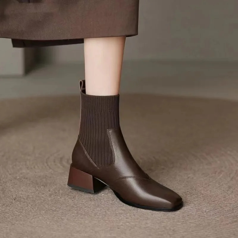 Women Sock Boots Square Toe Spring Autumn Women Casual Chelsea Botines Medium Heel Knitted Brown Black Ankle Boots for Women 250411
