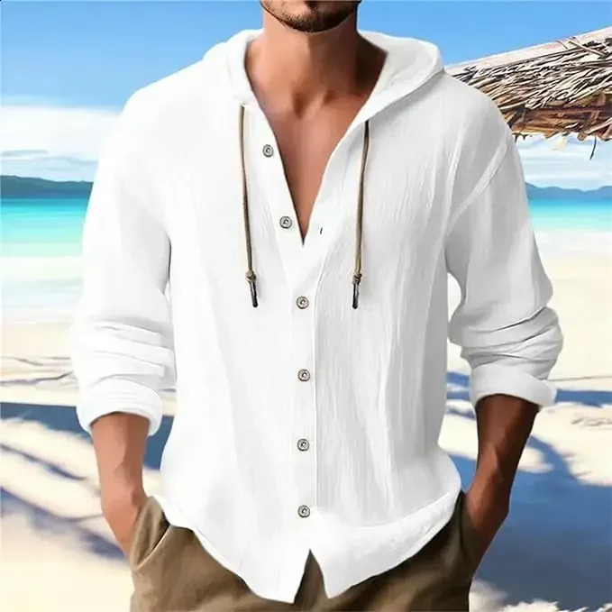 2025 Spring and Summer Mens Hooded T-shirt Solid Color Cotton Linen Mens Casual Long-sleeved Top 250411