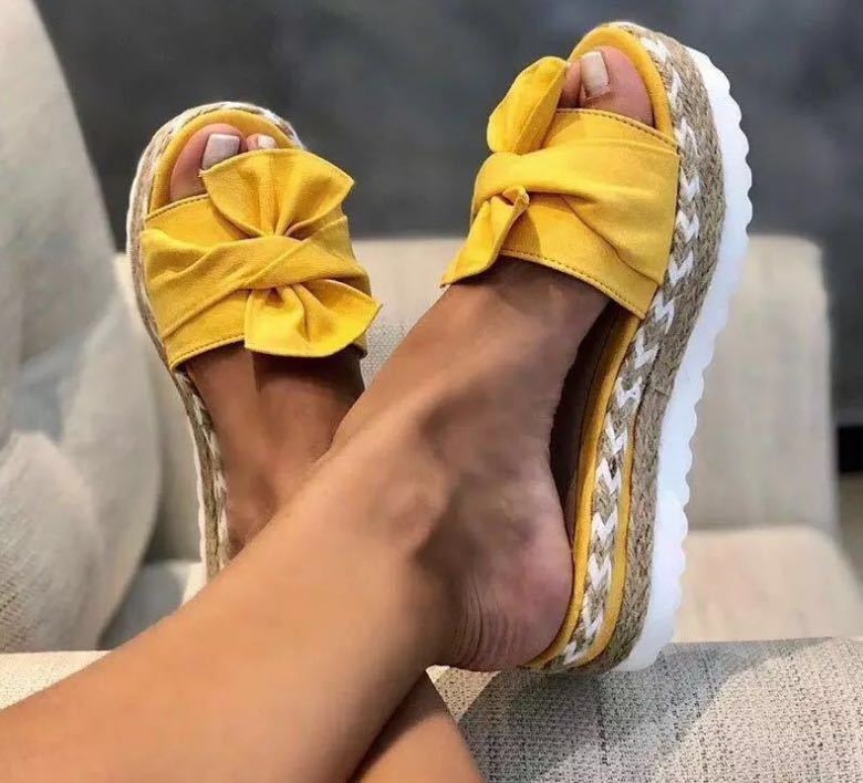 Large size shoes, straight line sandals, outerwear, summer slope heel bow slippers, women's beach sandals