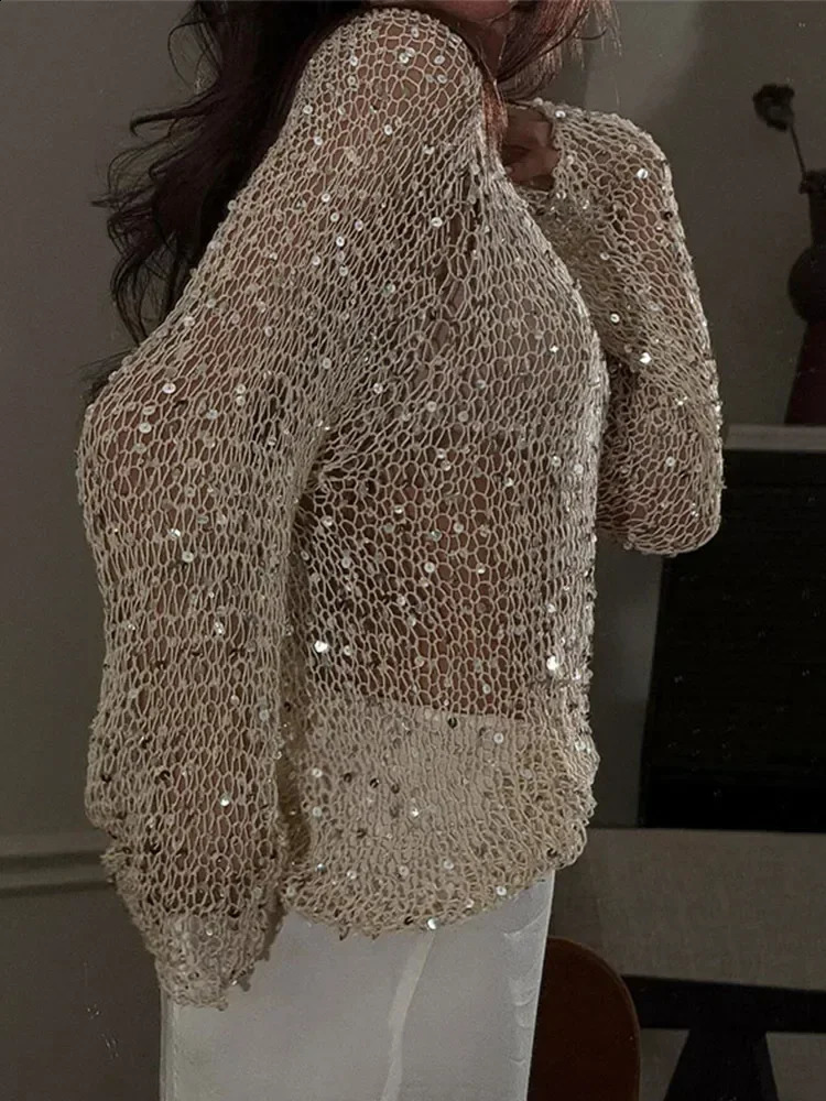 Sequins Hollow Out Pullovers Women Loose O-neck Long Sleeve Knit Sweaters Female 2025 Spring Shinny Chic Evening Shirts Lady 250411
