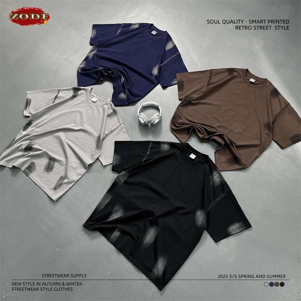 ZODF New 2025 Summer 285Gsm Washed Cotton T-Shirts For Men Unisex High Street Oversized Paint T Shirt Brand Tops Hy1055