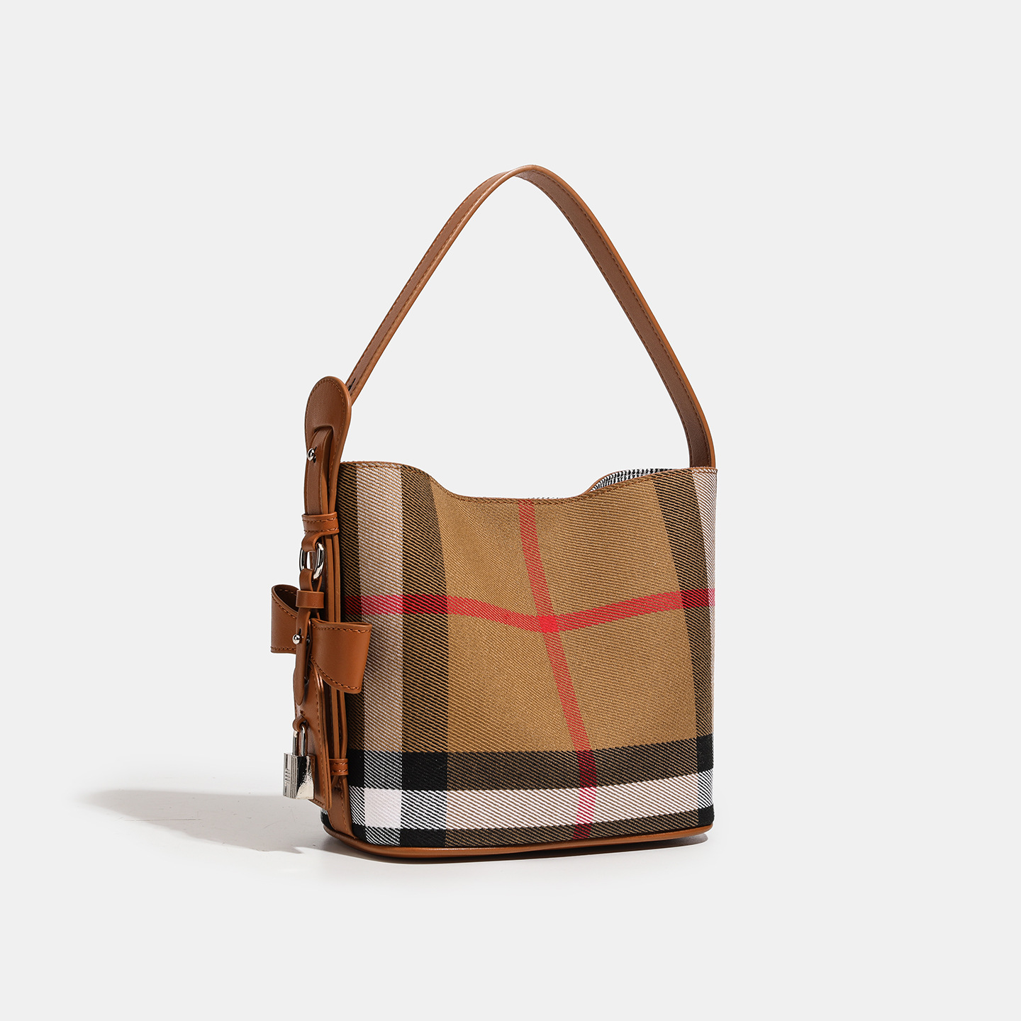 New Style Plaid Cloth with Leather Bucket Bag 2025 High-end Casual Large Capacity Women's Bag Plaid Handbag Shoulder Bag