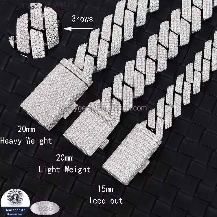 Rts 925 Silver 20 mm Wide 3 Rows ICED OUT Cuban Link Chain with GRA Vvs Diamond Moissanite for Rapper Hiphop Jewelry