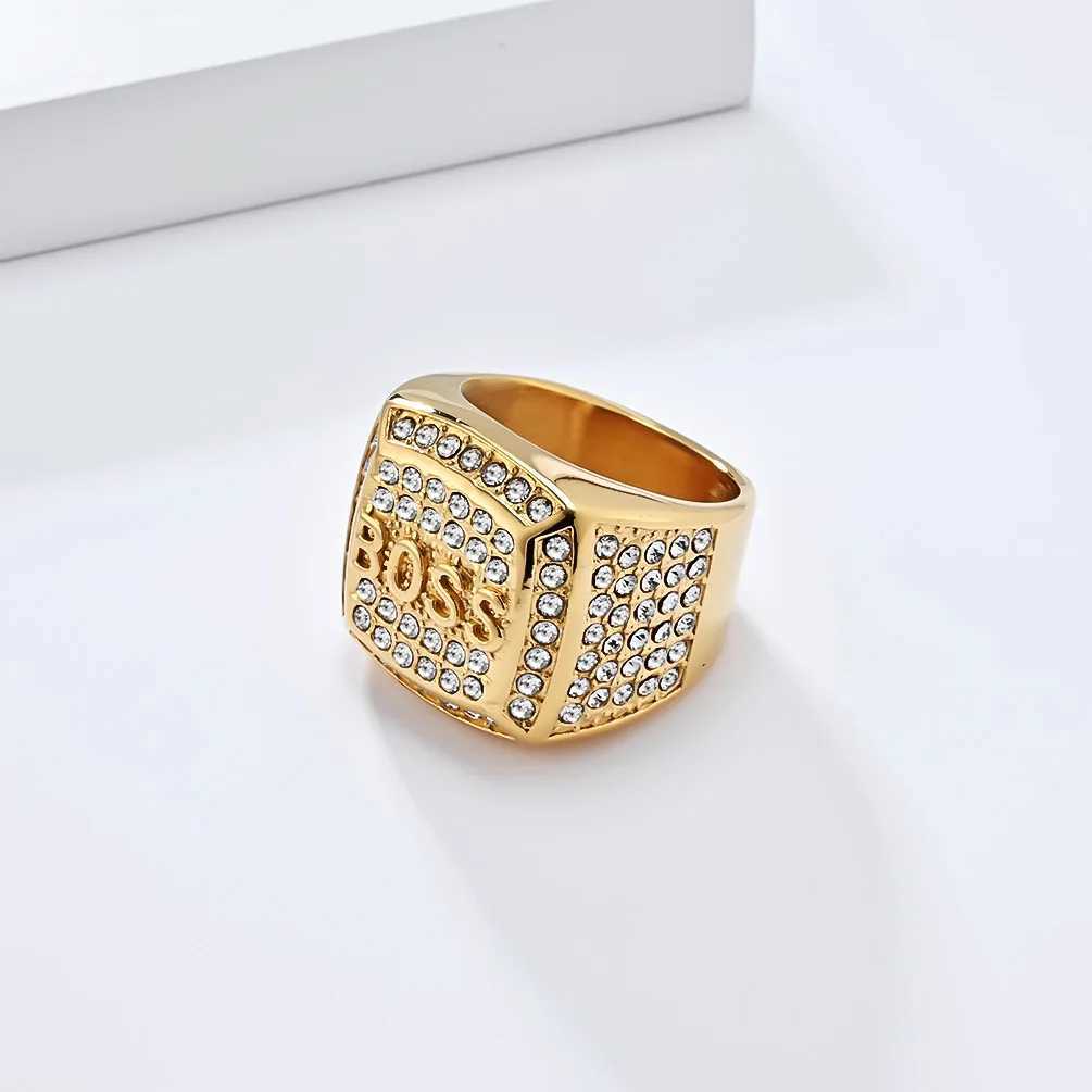 Hip hop Shining Zircon BOSS Ring Mens Stainless Steel Ring Gold Plated JewelryXJ250412