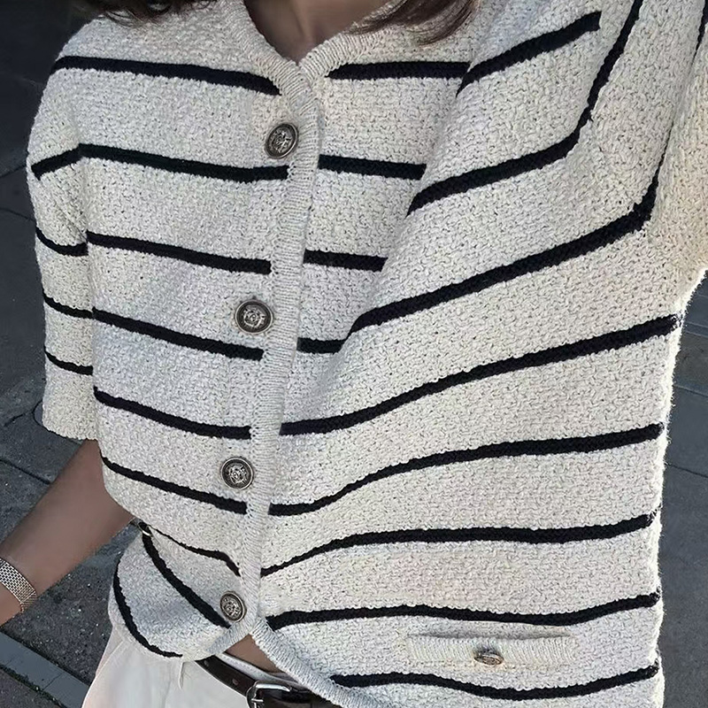 Valentine's Day Spring Summer Women's two-tone splicing striped casual vacation sweater top cardigan retro metal buckle design comfortable f