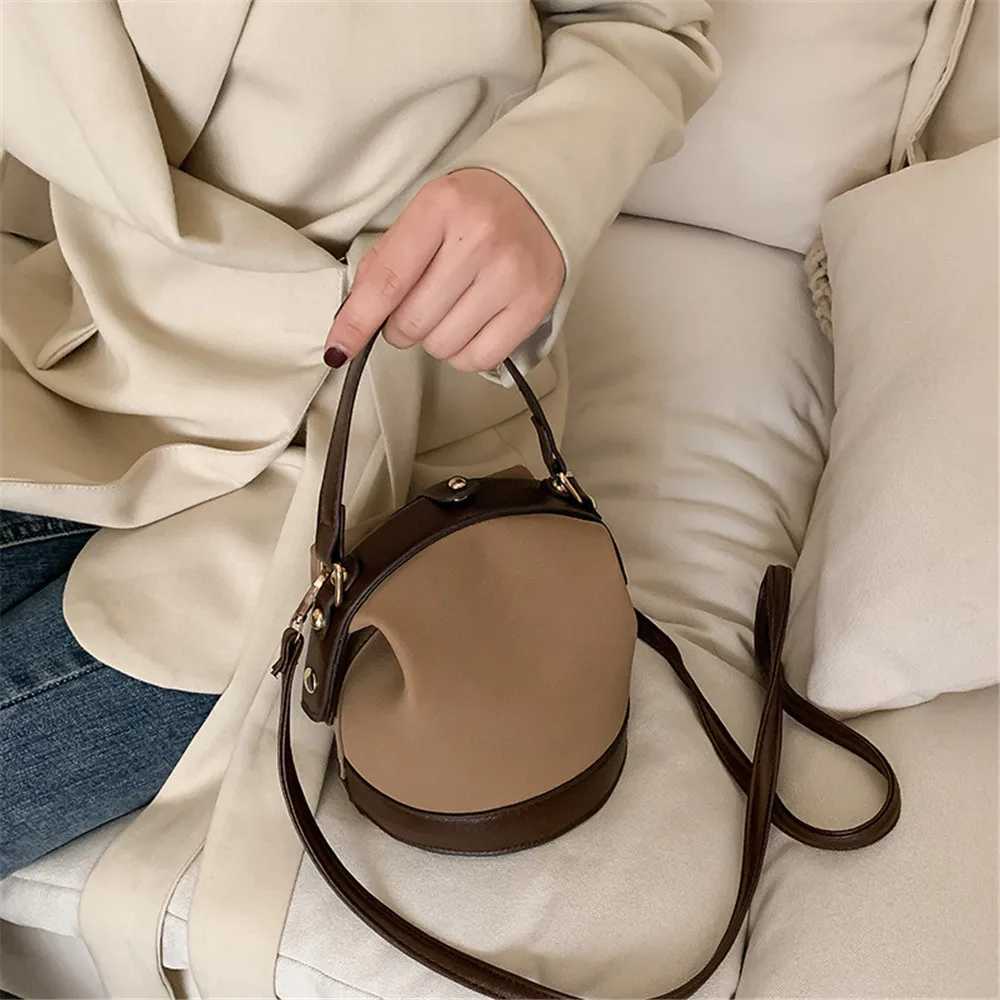 New retro Fi womens bucket bag travel shoulder messenger bag womens frosted leather handbag metal bucket handbagXJ250412