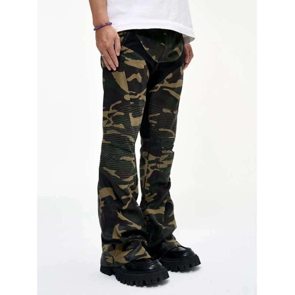 Splicing Brush Wax Locomotive Coating Micro-Pull Camouflage Men Street Wear Cargo Pants